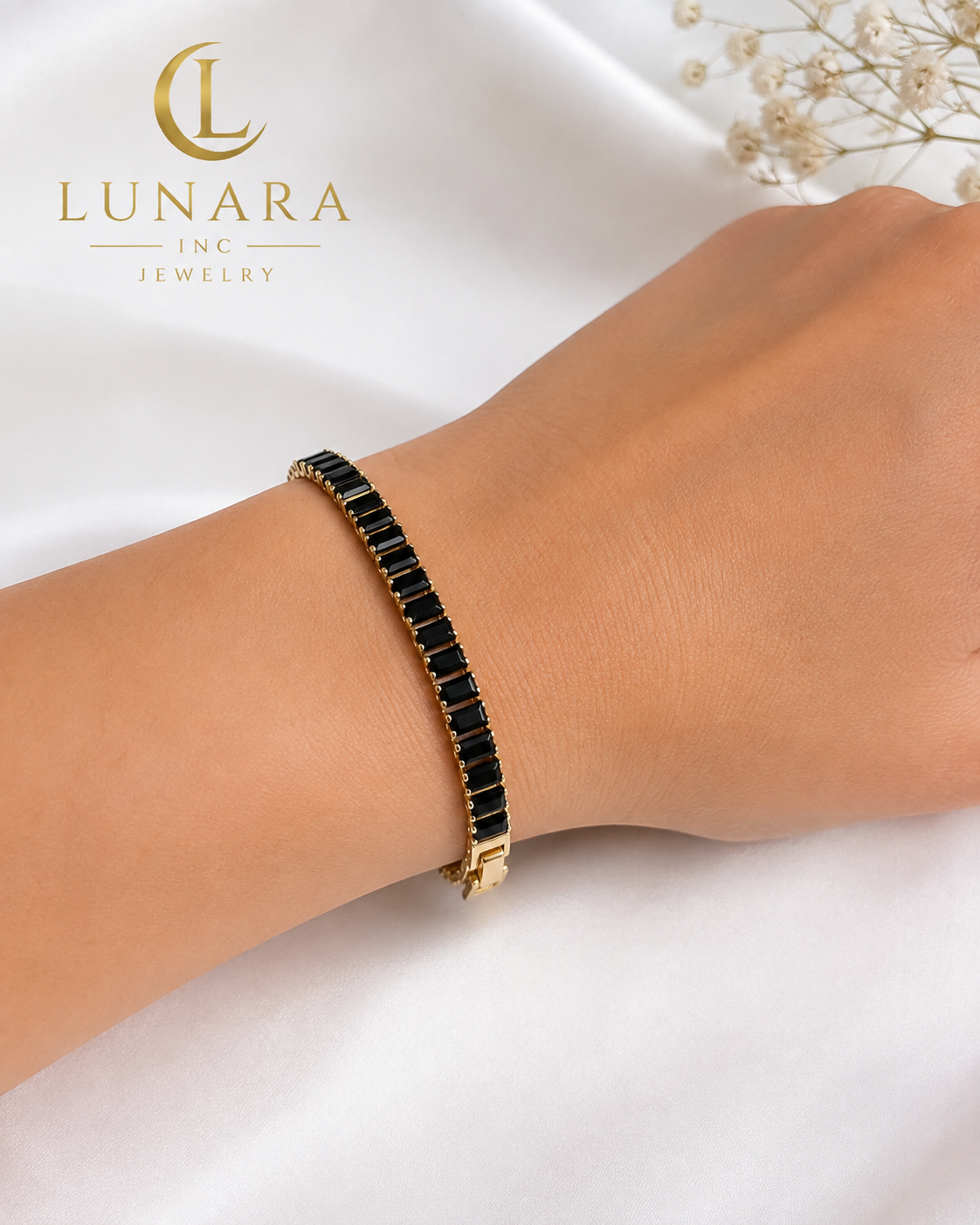 14K Gold Black Tennis Bracelet – Baguette Stone Bracelet for Women
