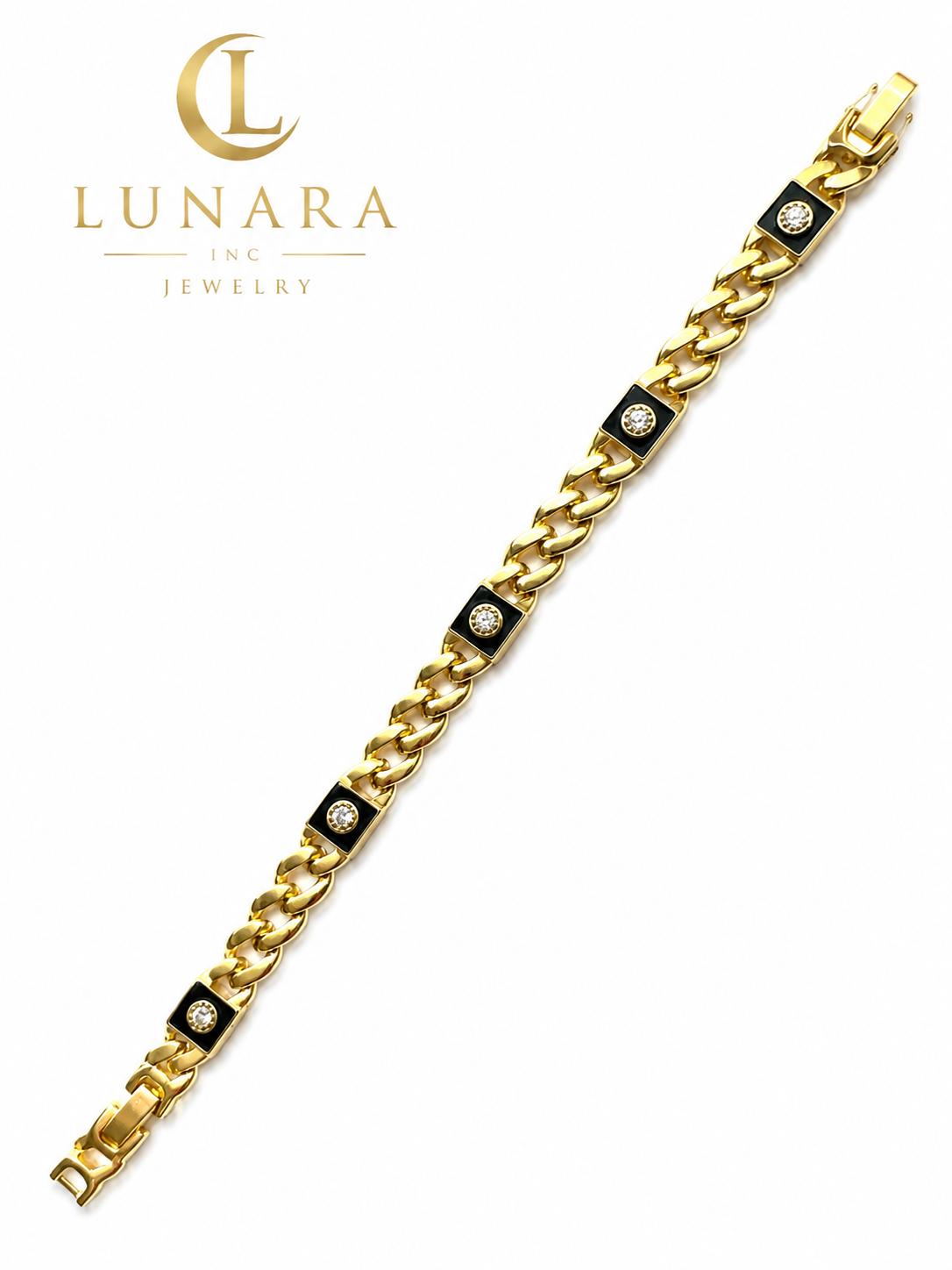14K Gold Cuban Link Bracelet with Black Enamel & CZ Accents – Luxury Men’s Bracelet