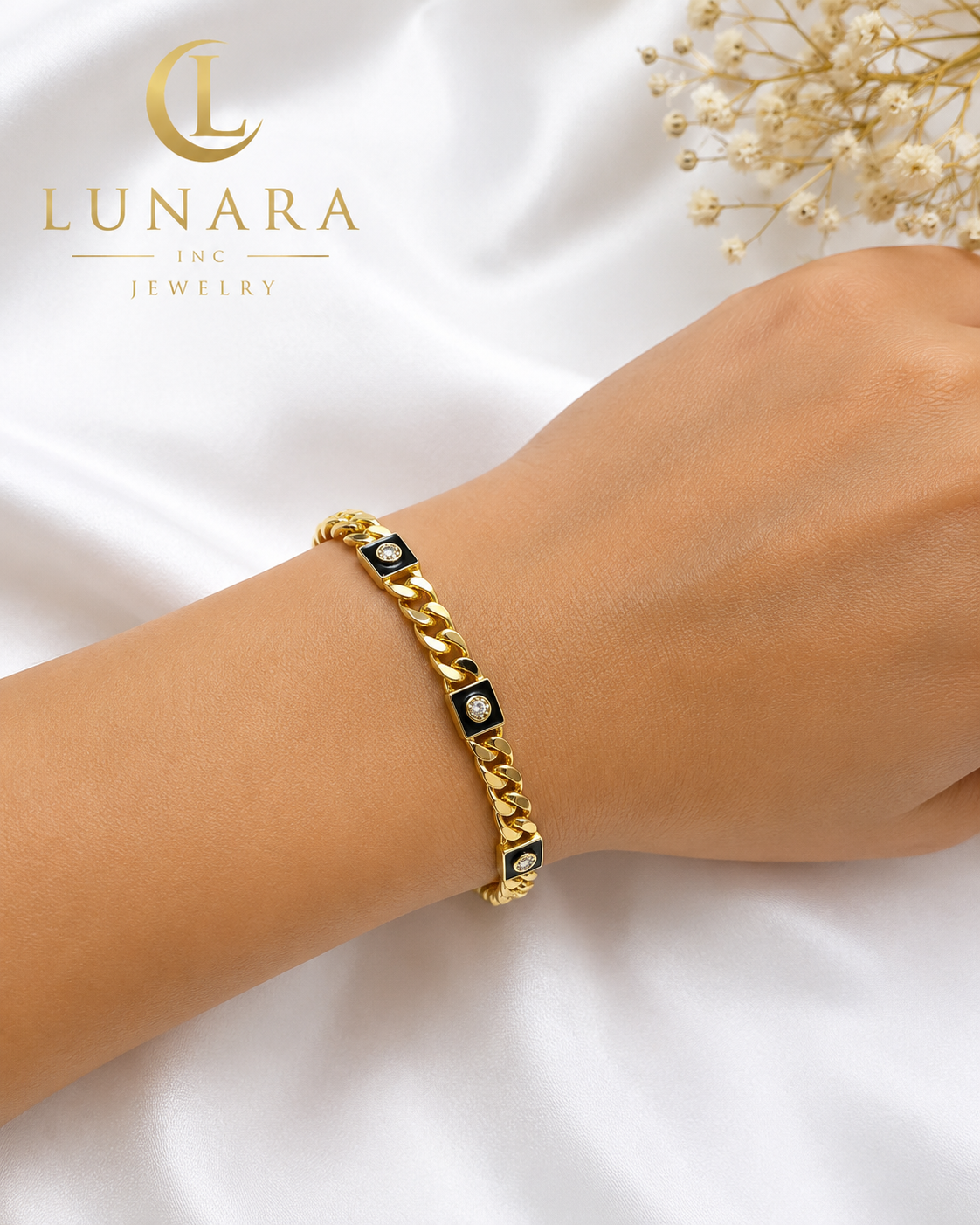 14K Gold Cuban Link Bracelet with Black Enamel & CZ Accents – Luxury Men’s Bracelet