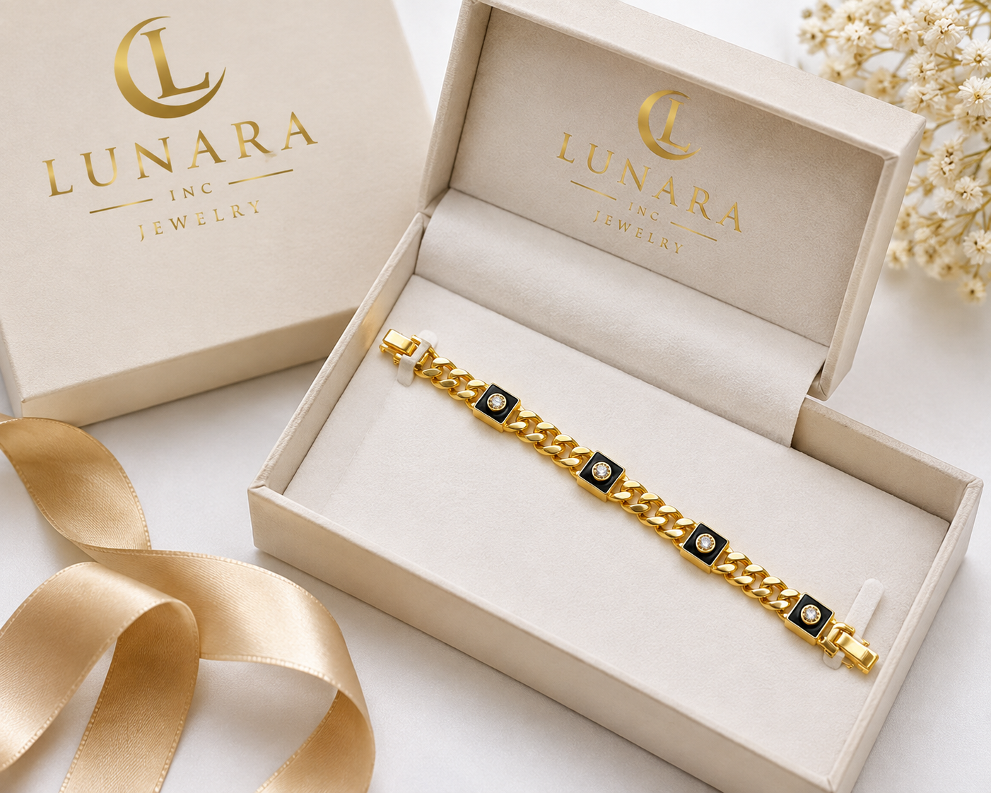 14K Gold Cuban Link Bracelet with Black Enamel & CZ Accents – Luxury Men’s Bracelet