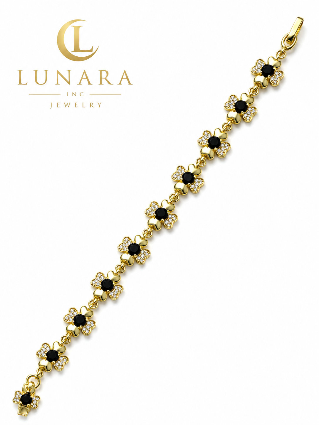 14K Gold Black Flower Bracelet – Floral CZ Bracelet for Women