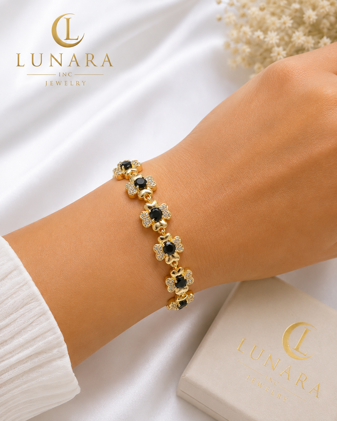 14K Gold Black Flower Bracelet – Floral CZ Bracelet for Women