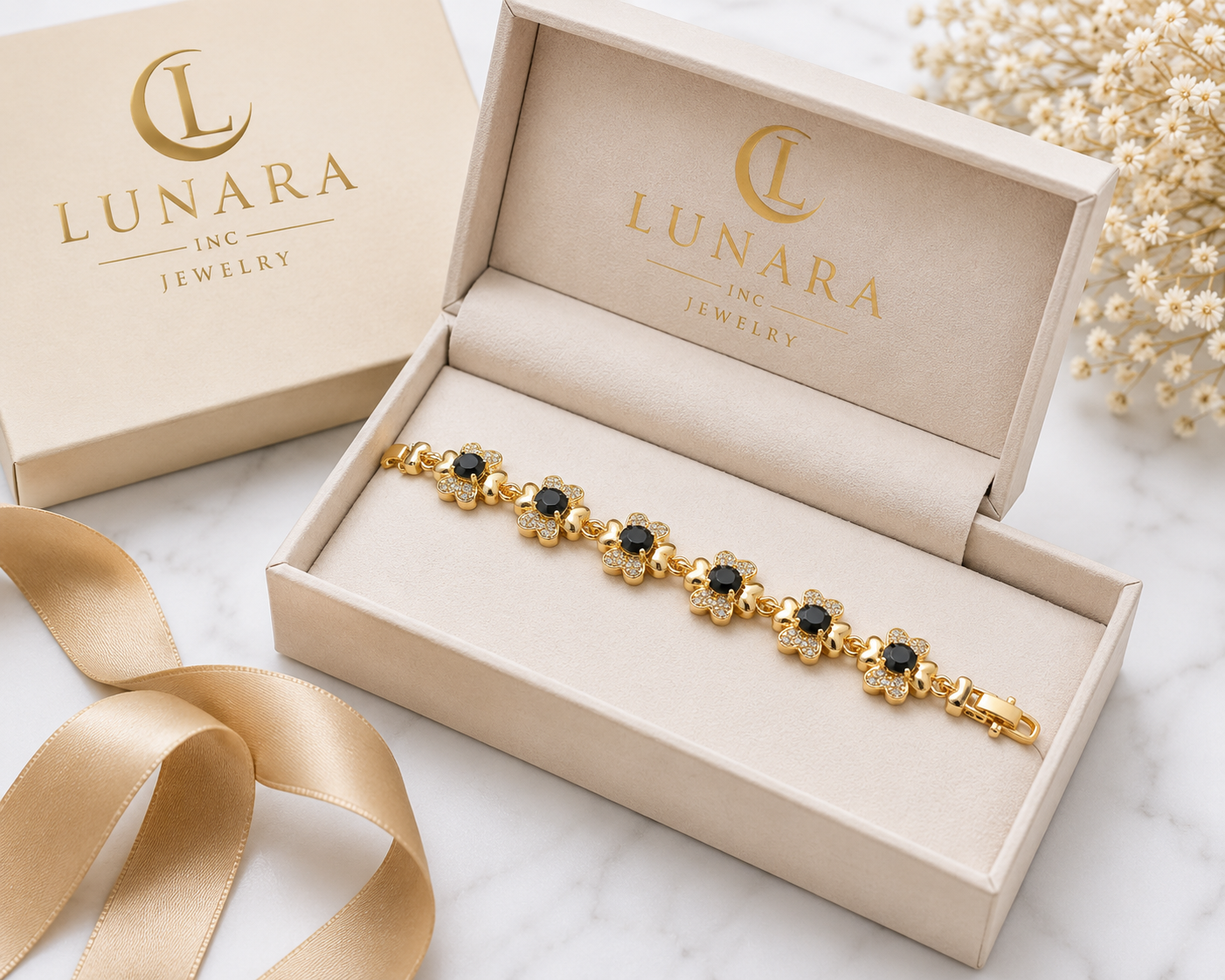 14K Gold Black Flower Bracelet – Floral CZ Bracelet for Women
