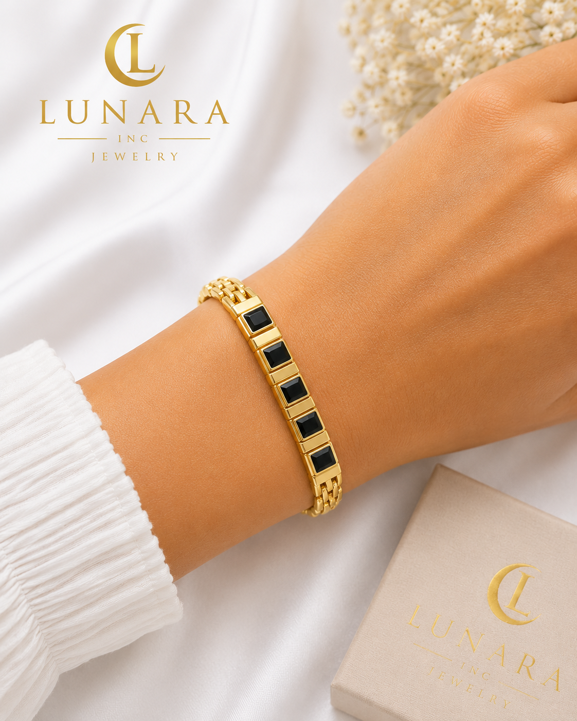 14K Gold Black & Gold Geometric Link Bracelet – Modern Statement Bracelet for Women