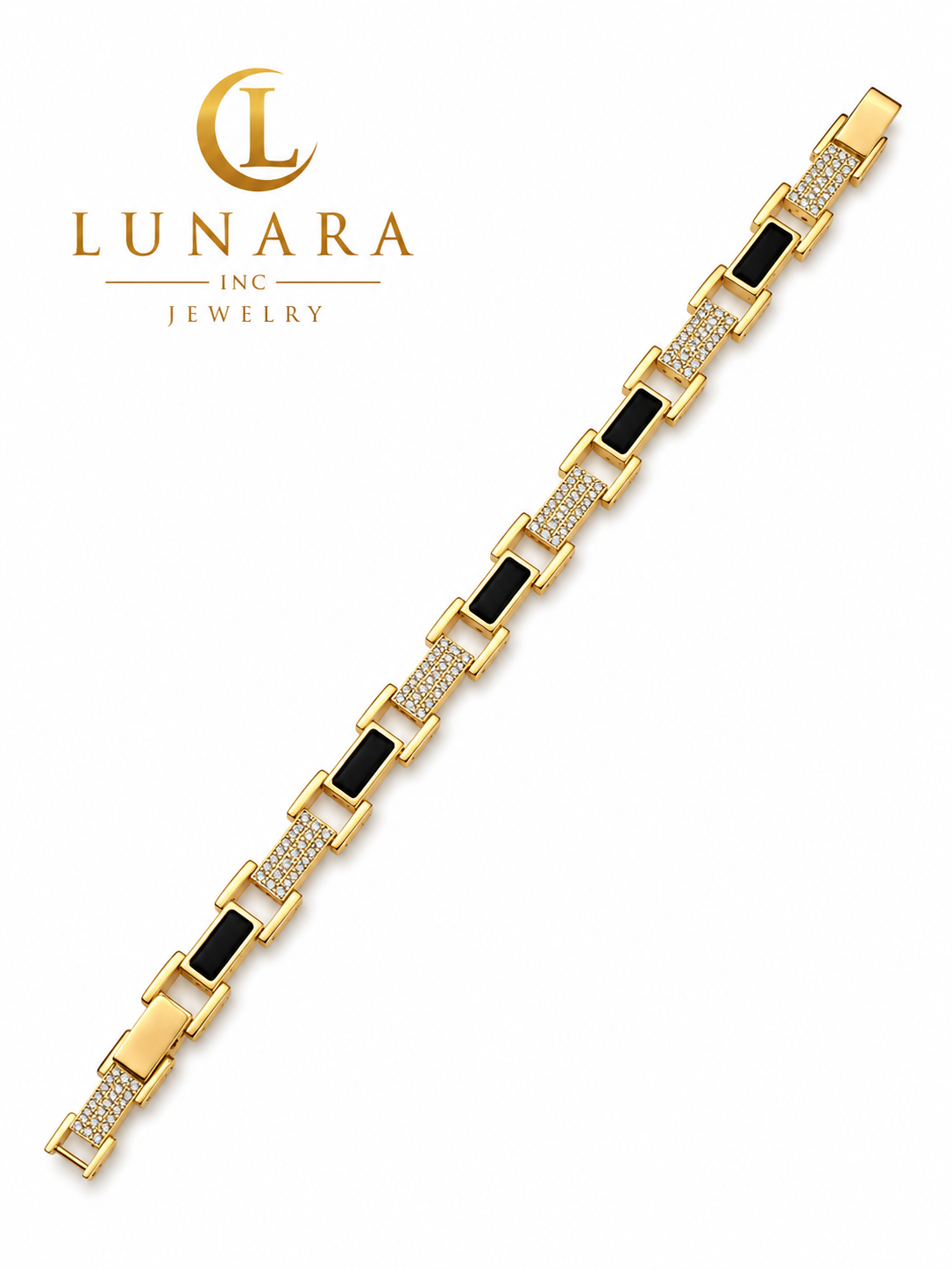 14K Gold Black & CZ Link Bracelet – Geometric Luxury Bracelet for Women