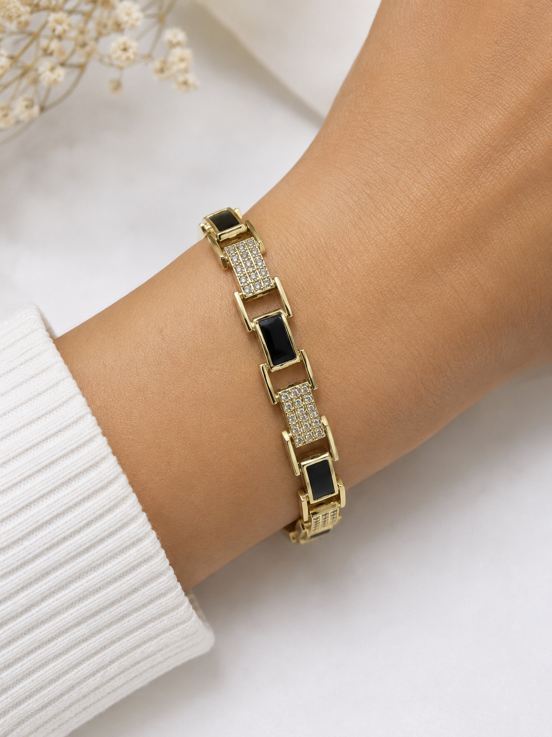 14K Gold Black & CZ Link Bracelet – Geometric Luxury Bracelet for Women