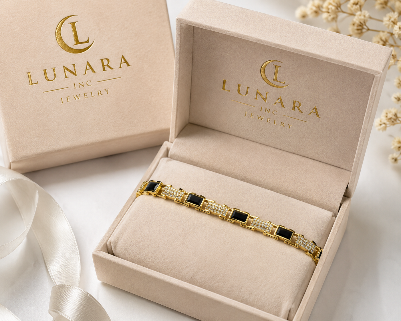 14K Gold Black & CZ Link Bracelet – Geometric Luxury Bracelet for Women