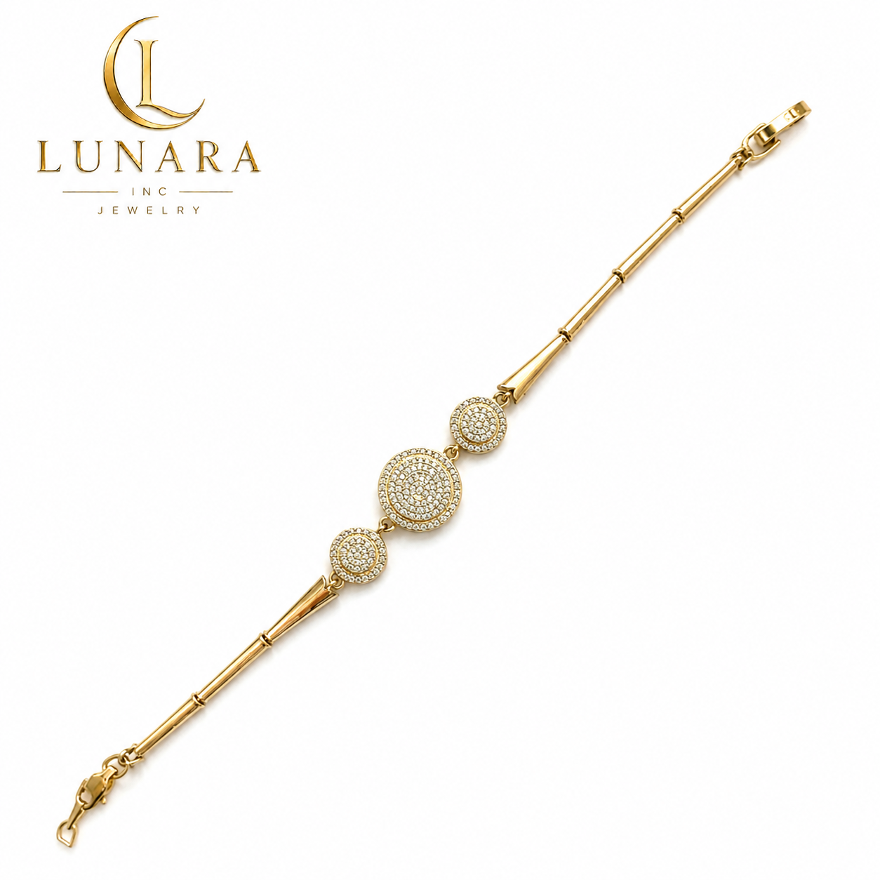 Lunara Gold Pavé Circle Bracelet – Triple Disc Design