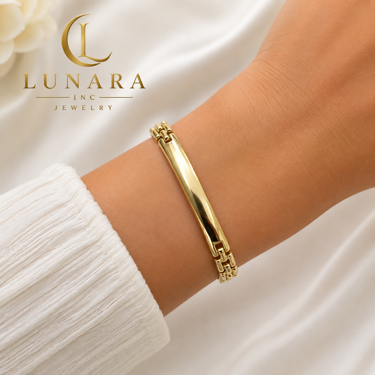 Lunara Gold ID Link Bracelet – Classic Polished Bar Design