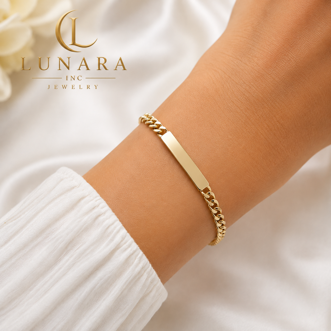 Lunara Gold Cuban Link ID Bracelet – Classic Engravable Plate