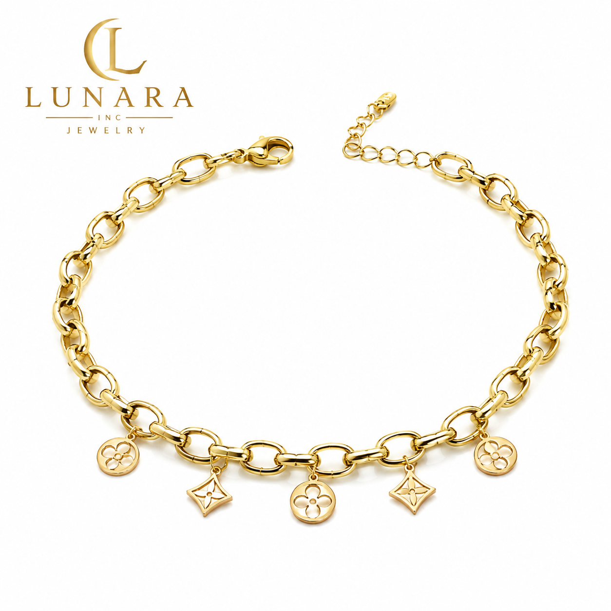 Lunara Gold Charm Link Bracelet – Floral & Star Charm Design