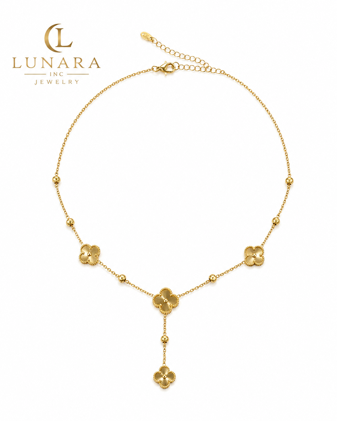 Lunara Gold Clover Y Necklace – Delicate Floral Station Design