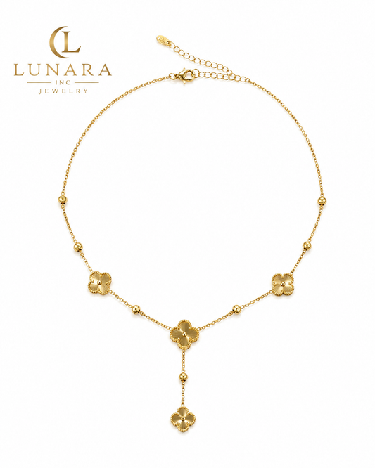 Lunara Gold Clover Y Necklace – Delicate Floral Station Design