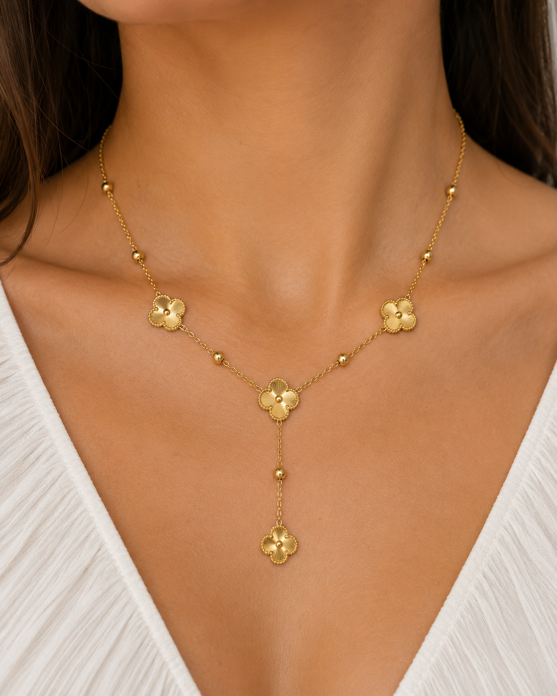 Lunara Gold Clover Y Necklace – Delicate Floral Station Design