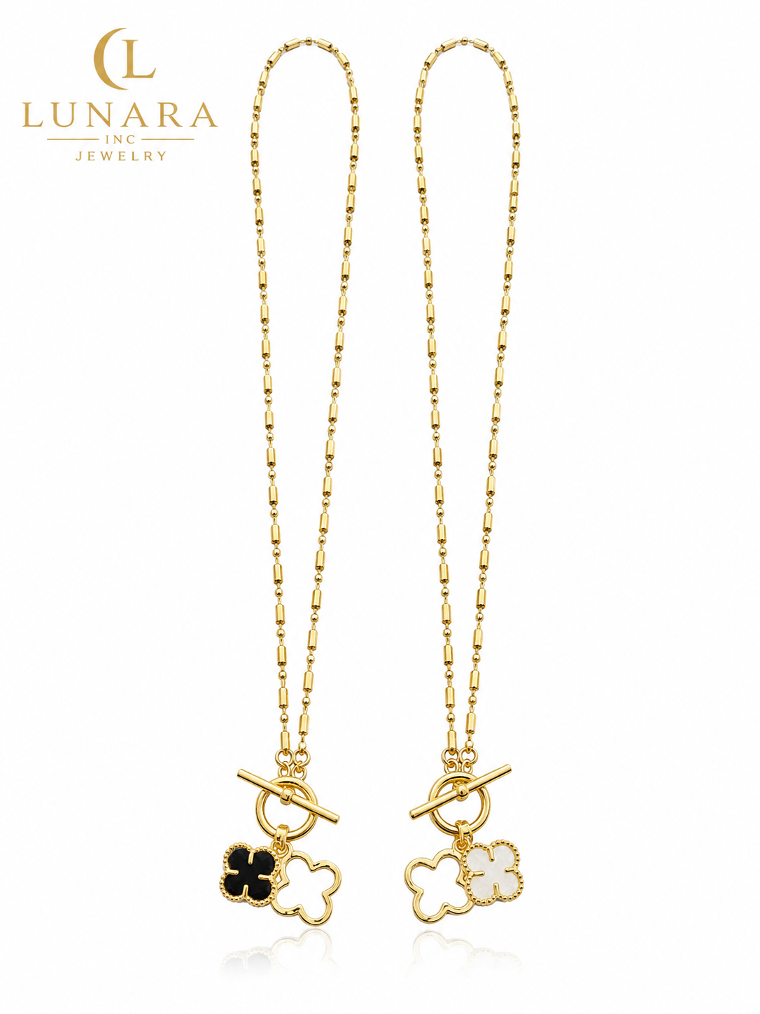 Lunara Gold Clover Toggle Necklace – Black & White Charm Pendant