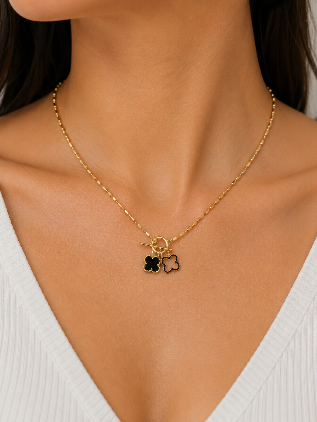 Lunara Gold Clover Toggle Necklace – Black & White Charm Pendant