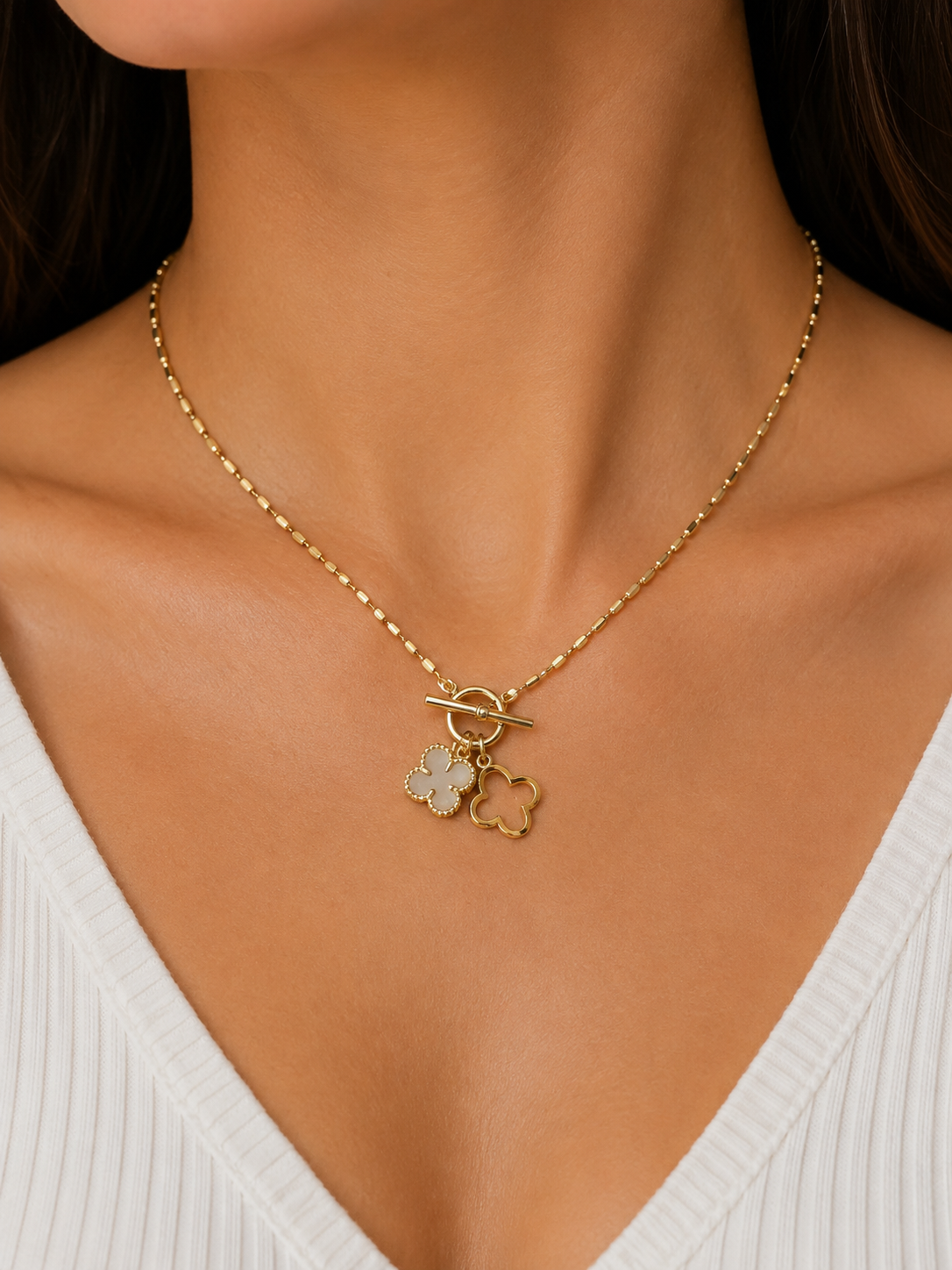 Lunara Gold Clover Toggle Necklace – Black & White Charm Pendant