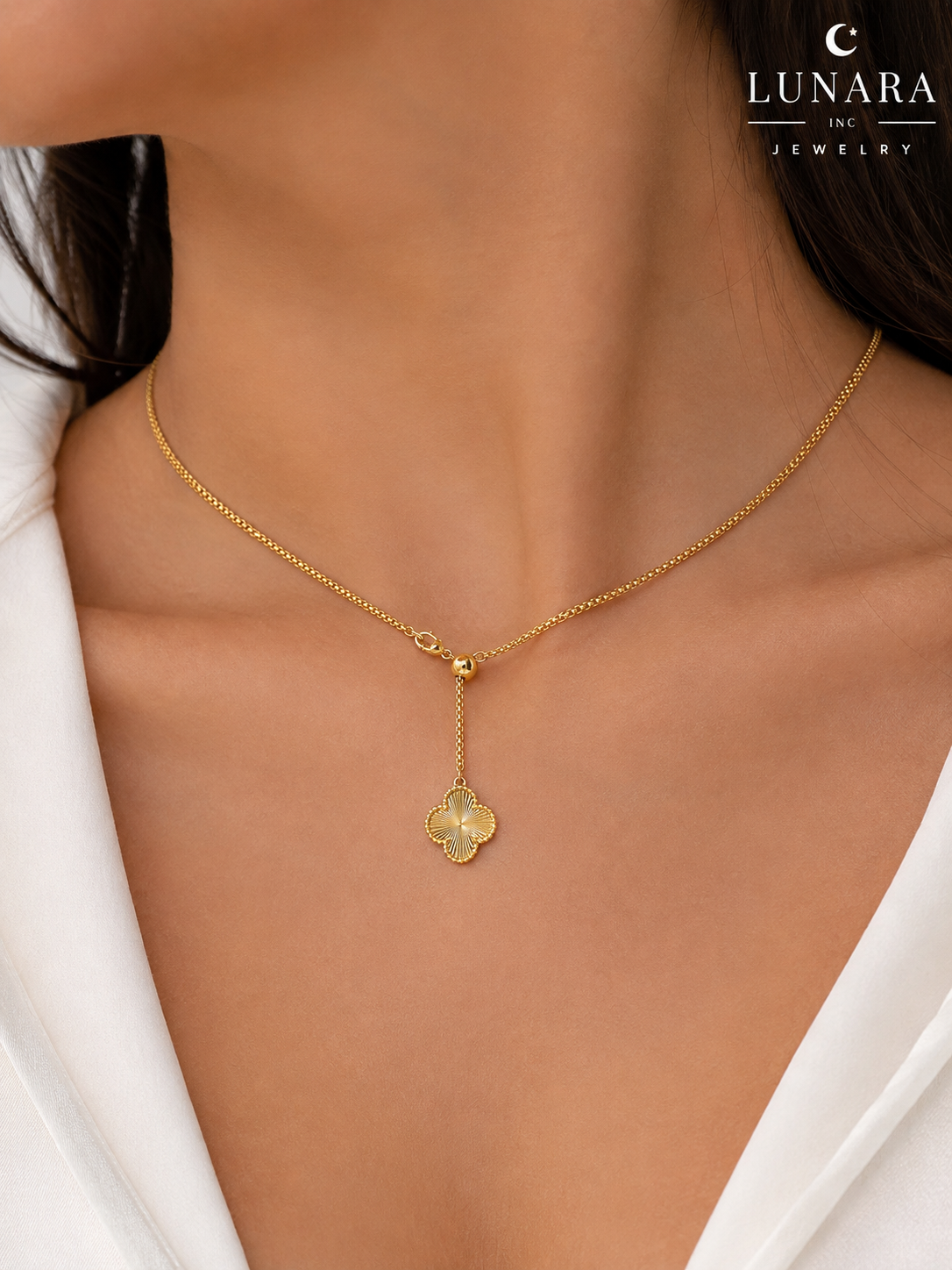 Gold Adjustable Clover Slider Necklace – 14K Gold Filled | Lucky Clover Pendant
