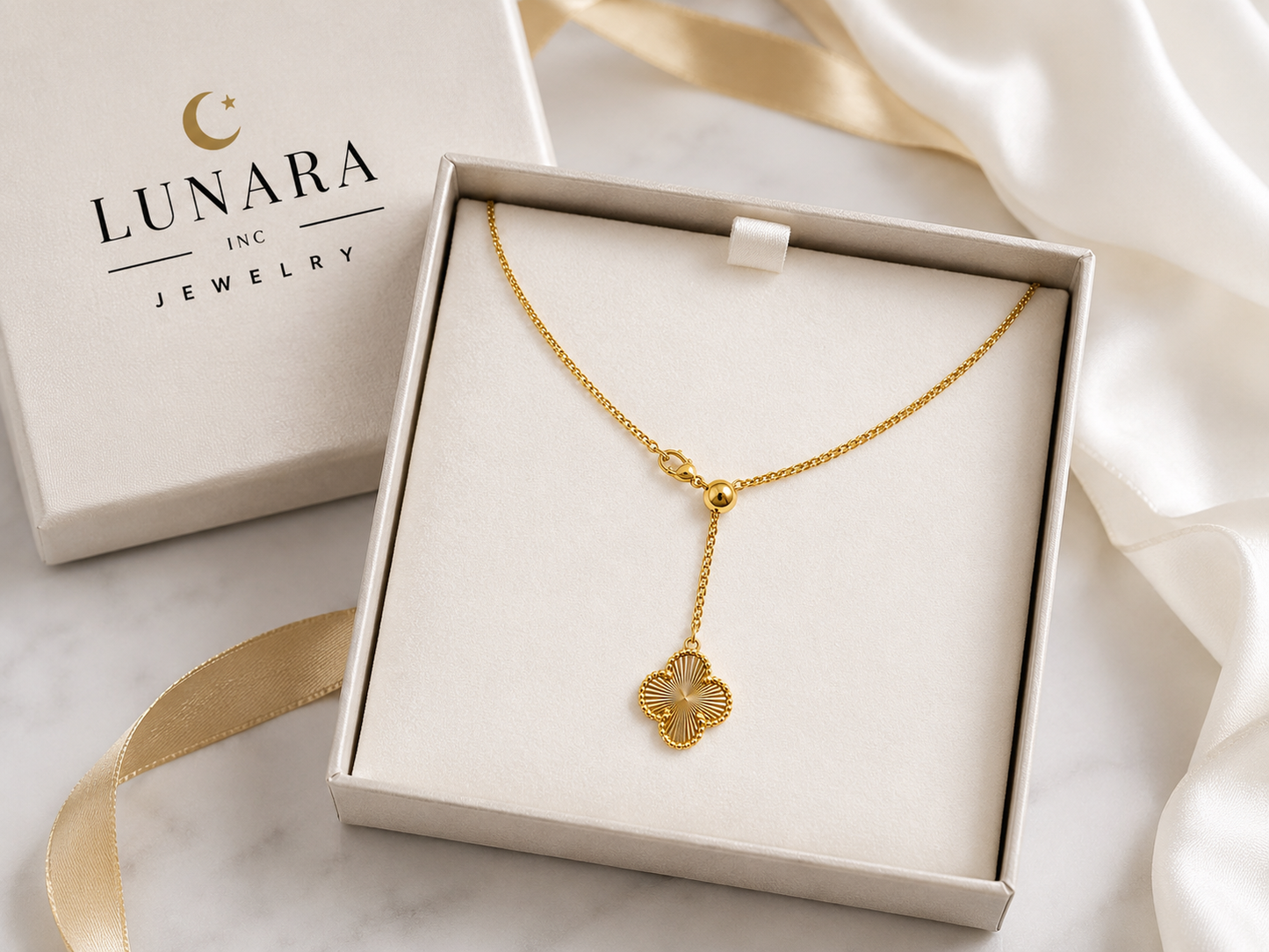 Gold Adjustable Clover Slider Necklace – 14K Gold Filled | Lucky Clover Pendant