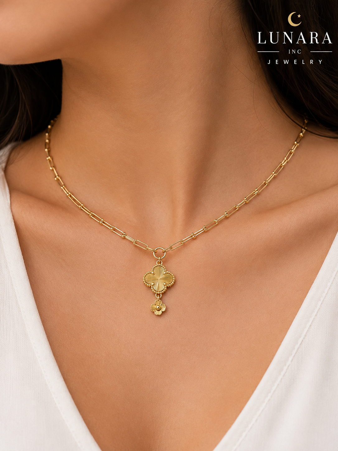 14K Gold Filled Clover Paperclip Necklace – Dainty Lucky Charm Necklace