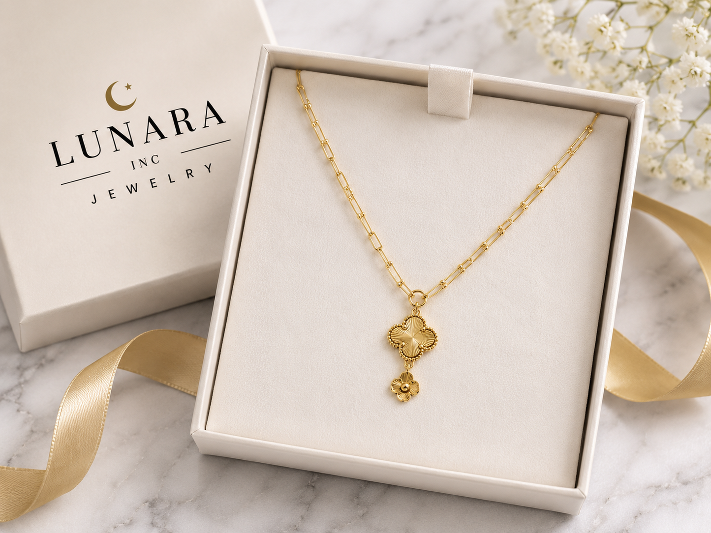 14K Gold Filled Clover Paperclip Necklace – Dainty Lucky Charm Necklace