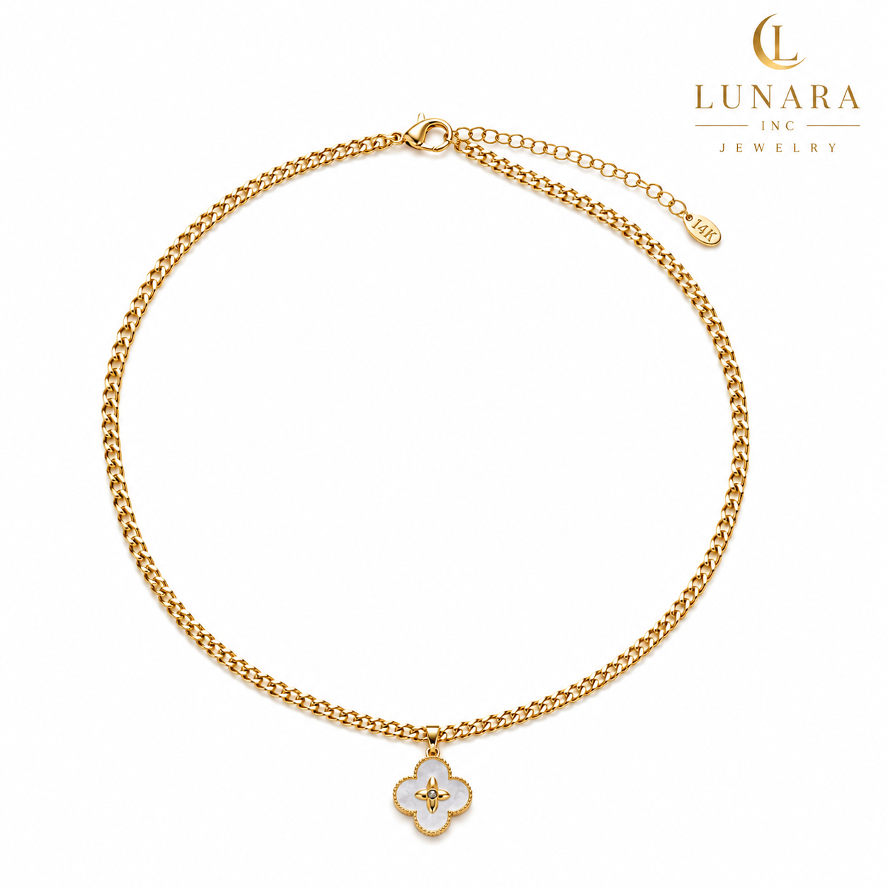 14K Gold Filled Cuban Chain Necklace with White Clover Pendant – Adjustable