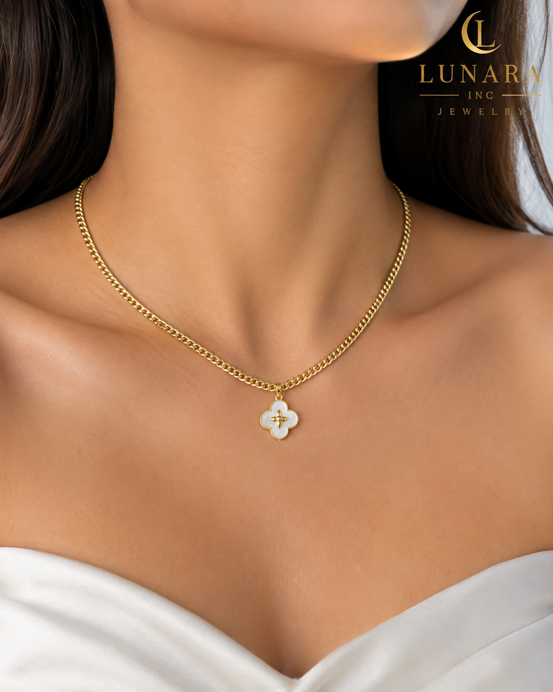 14K Gold Filled Cuban Chain Necklace with White Clover Pendant – Adjustable