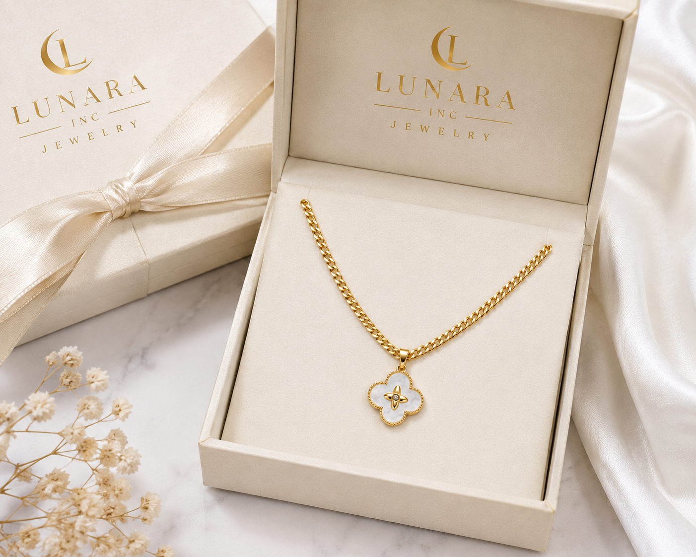 14K Gold Filled Cuban Chain Necklace with White Clover Pendant – Adjustable