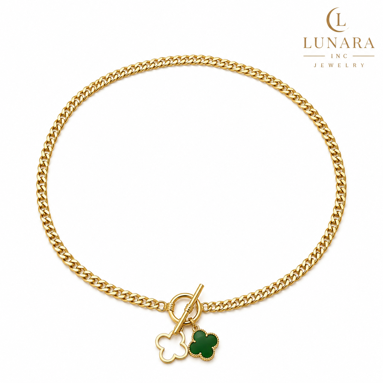 14K Gold Filled Cuban Toggle Necklace with Green Clover Charms – Lucky Clover Necklace