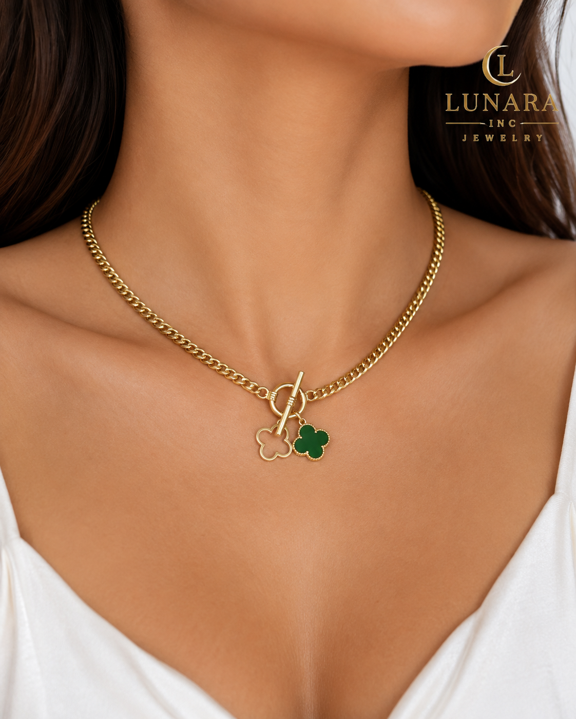 14K Gold Filled Cuban Toggle Necklace with Green Clover Charms – Lucky Clover Necklace