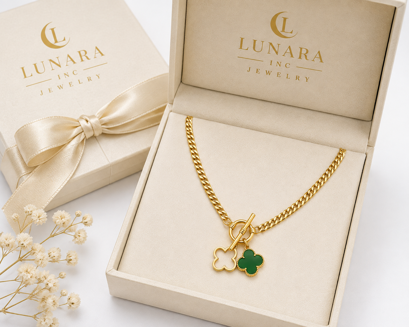 14K Gold Filled Cuban Toggle Necklace with Green Clover Charms – Lucky Clover Necklace