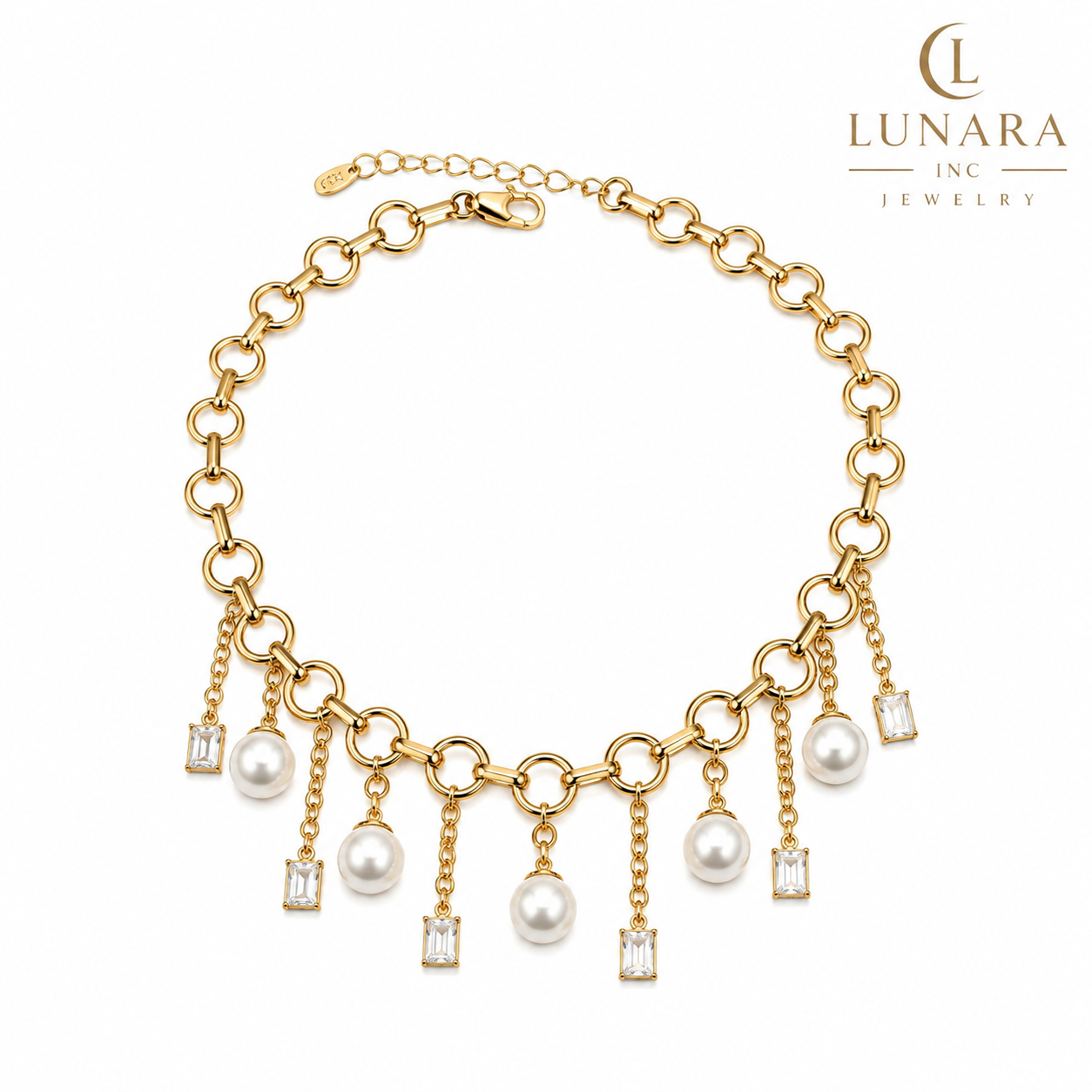14K Gold Filled Pearl & Crystal Charm Link Necklace – Elegant Statement Necklace