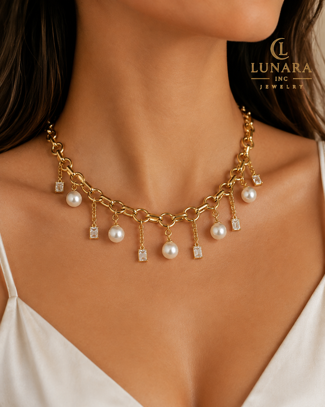 14K Gold Filled Pearl & Crystal Charm Link Necklace – Elegant Statement Necklace