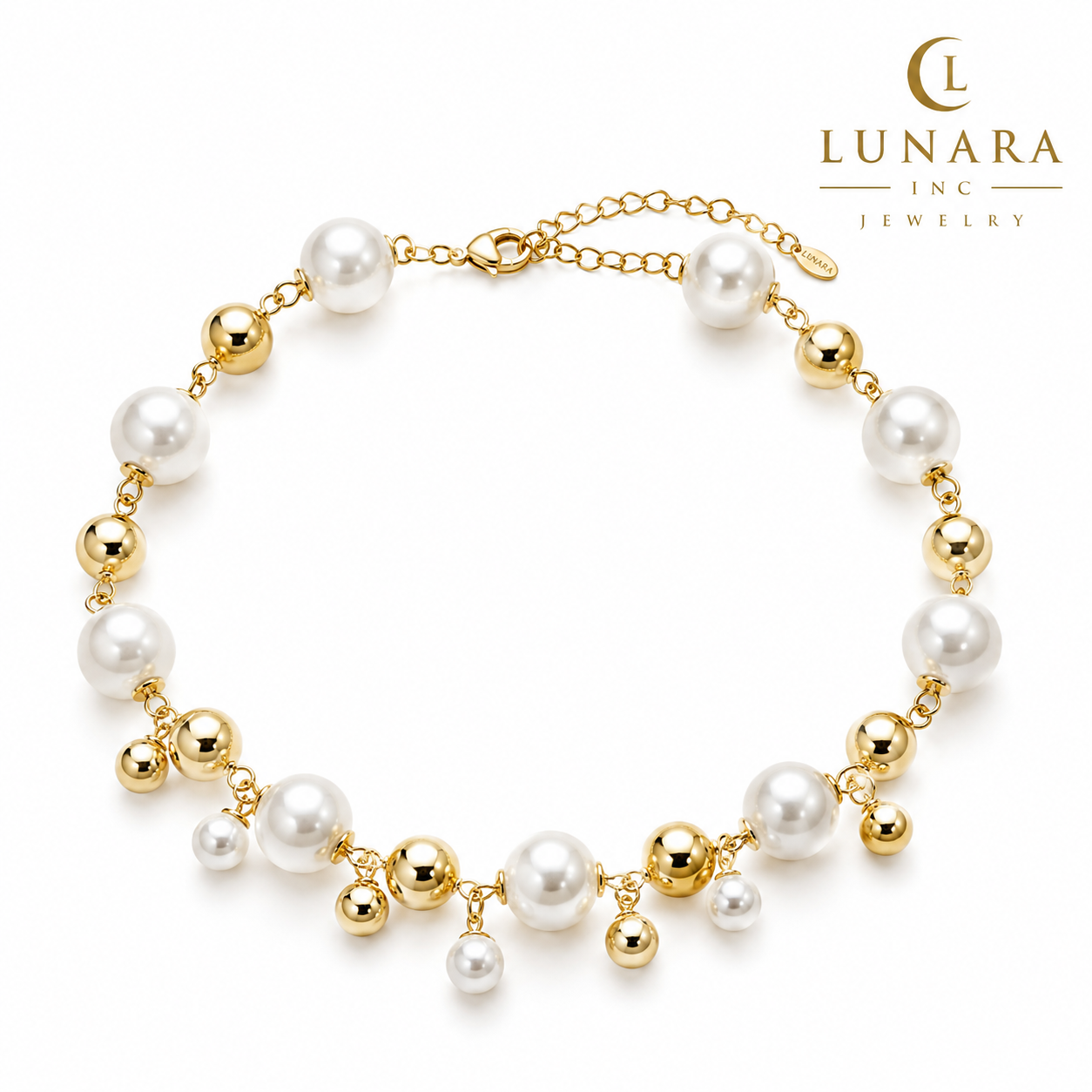 14K Gold Filled Pearl & Gold Bead Statement Necklace – Elegant Charm Necklace