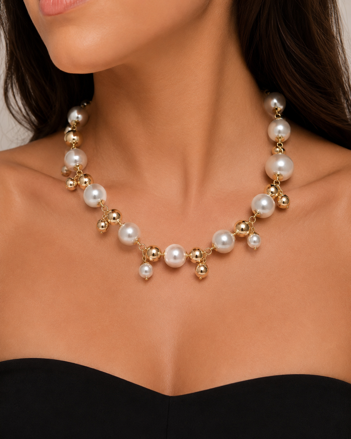 14K Gold Filled Pearl & Gold Bead Statement Necklace – Elegant Charm Necklace