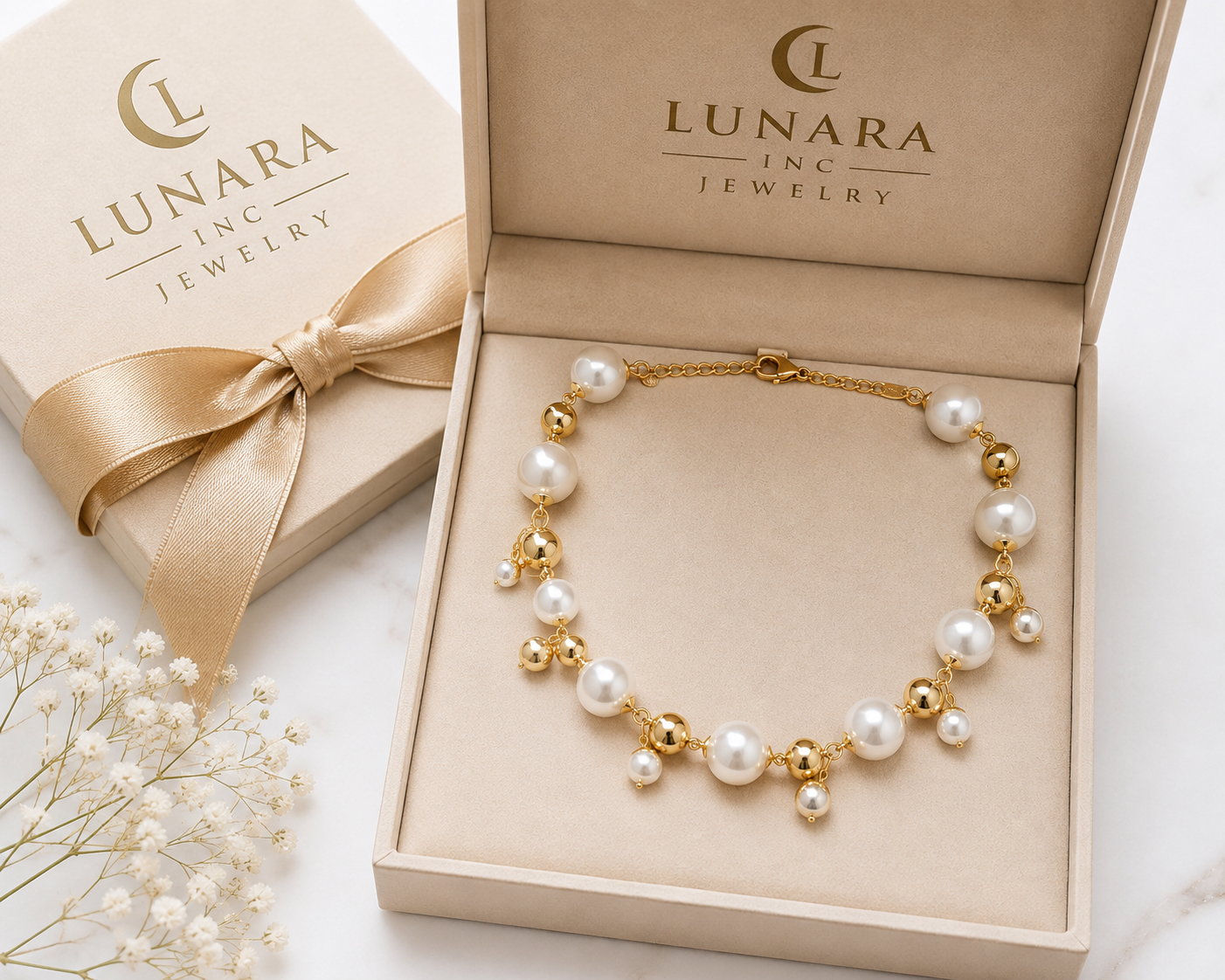 14K Gold Filled Pearl & Gold Bead Statement Necklace – Elegant Charm Necklace