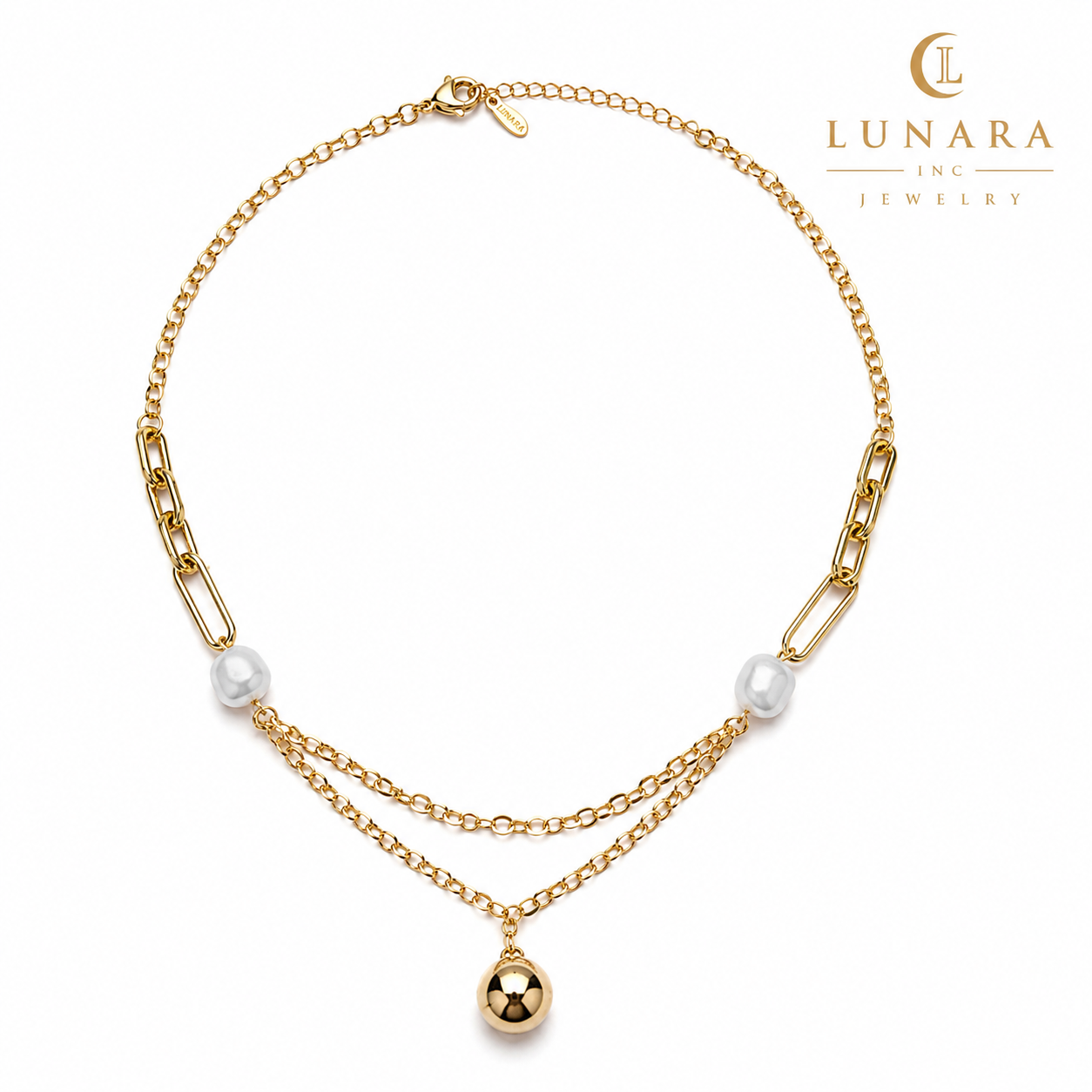 14K Gold Filled Layered Pearl Pendant Necklace – Double Chain Paperclip Necklace
