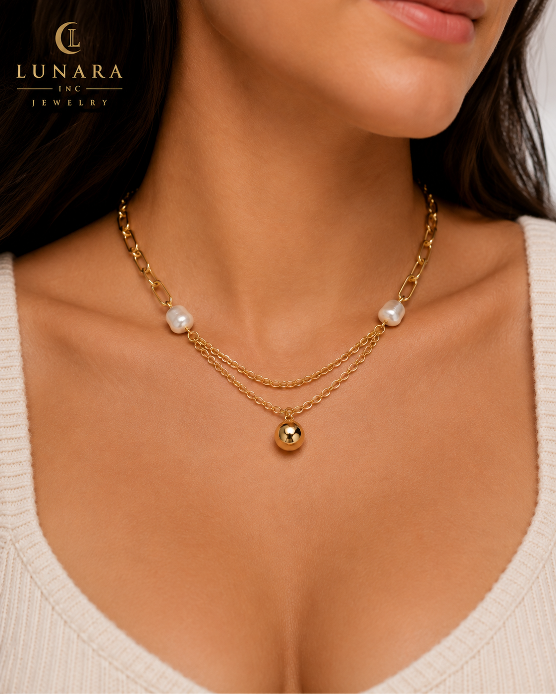 14K Gold Filled Layered Pearl Pendant Necklace – Double Chain Paperclip Necklace
