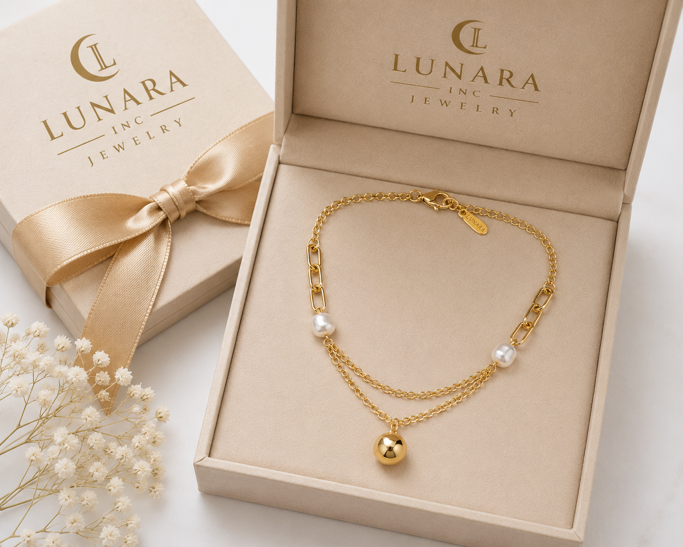 14K Gold Filled Layered Pearl Pendant Necklace – Double Chain Paperclip Necklace