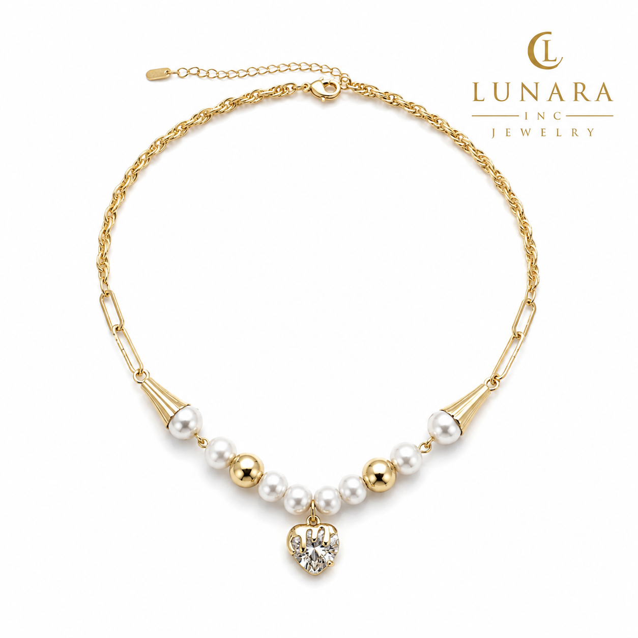 14K Gold Filled Pearl & Heart Crystal Necklace – Elegant Pearl Choker