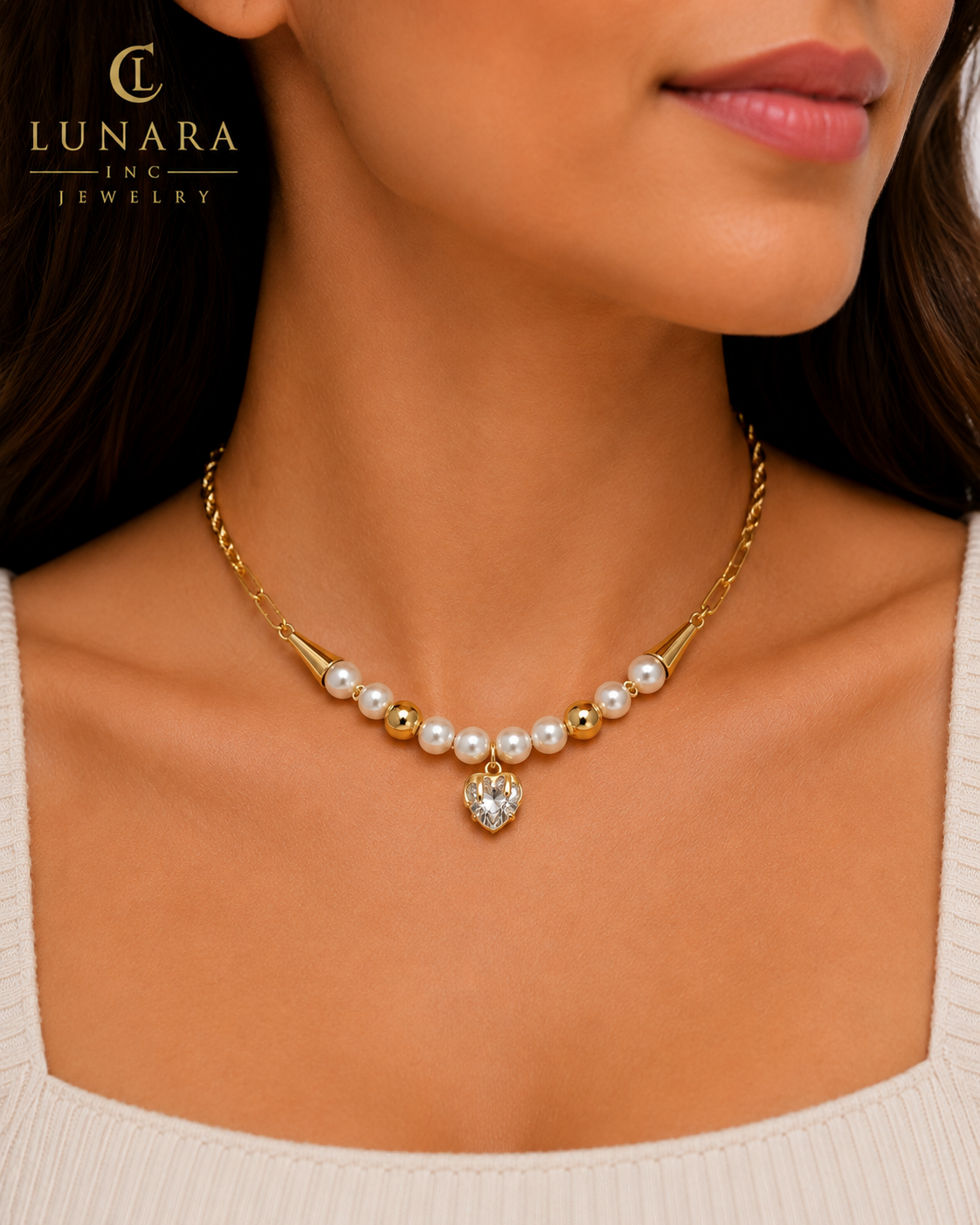 14K Gold Filled Pearl & Heart Crystal Necklace – Elegant Pearl Choker