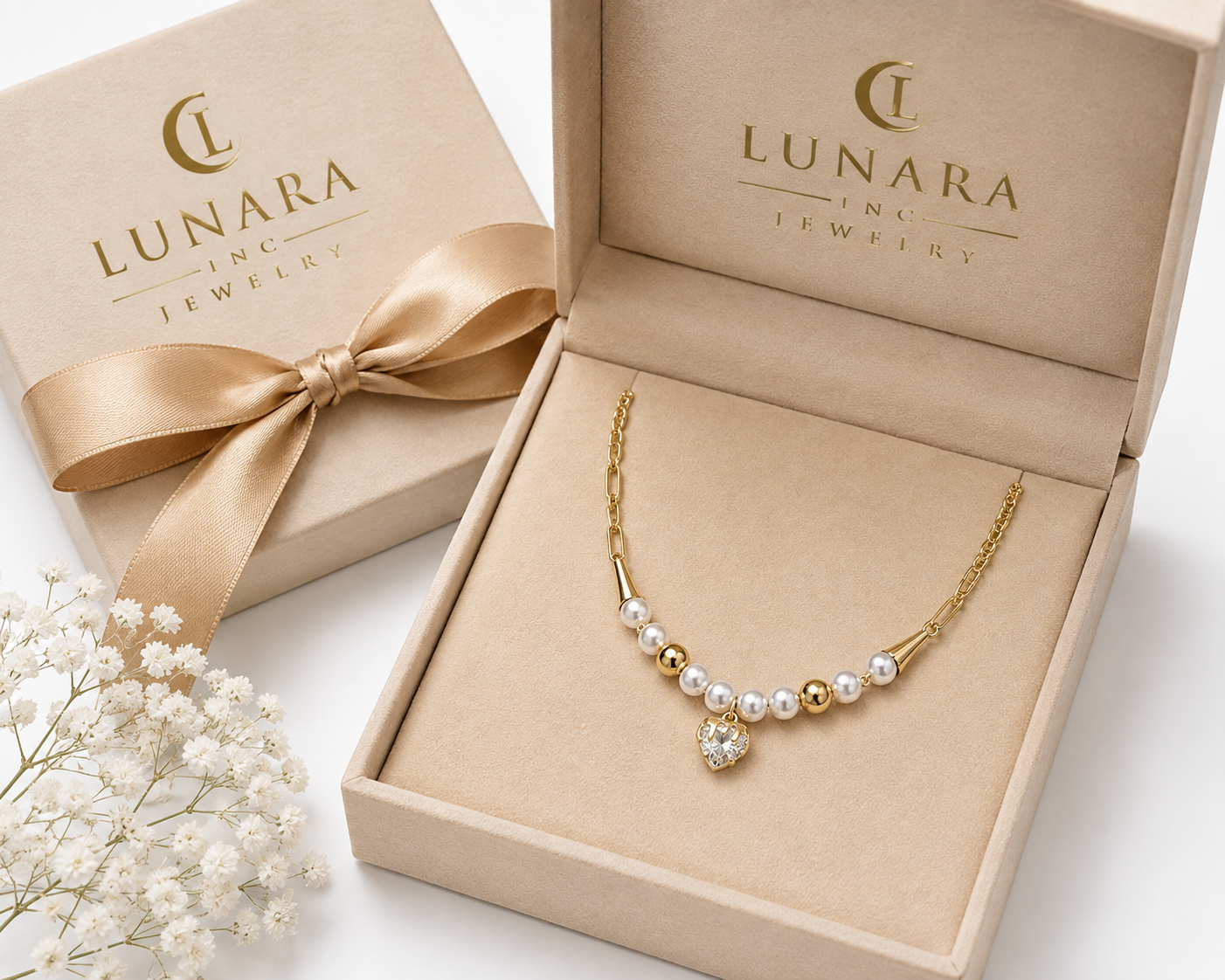 14K Gold Filled Pearl & Heart Crystal Necklace – Elegant Pearl Choker
