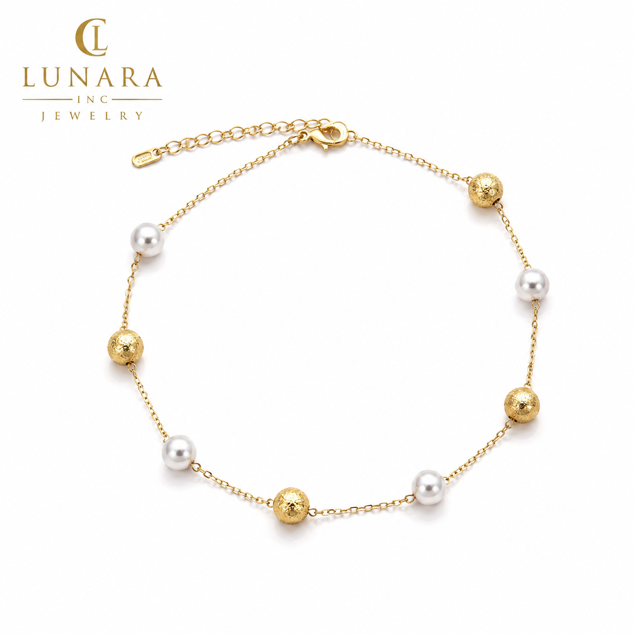 14K Gold Filled Pearl & Textured Gold Bead Choker Necklace – Minimalist Station Necklace
