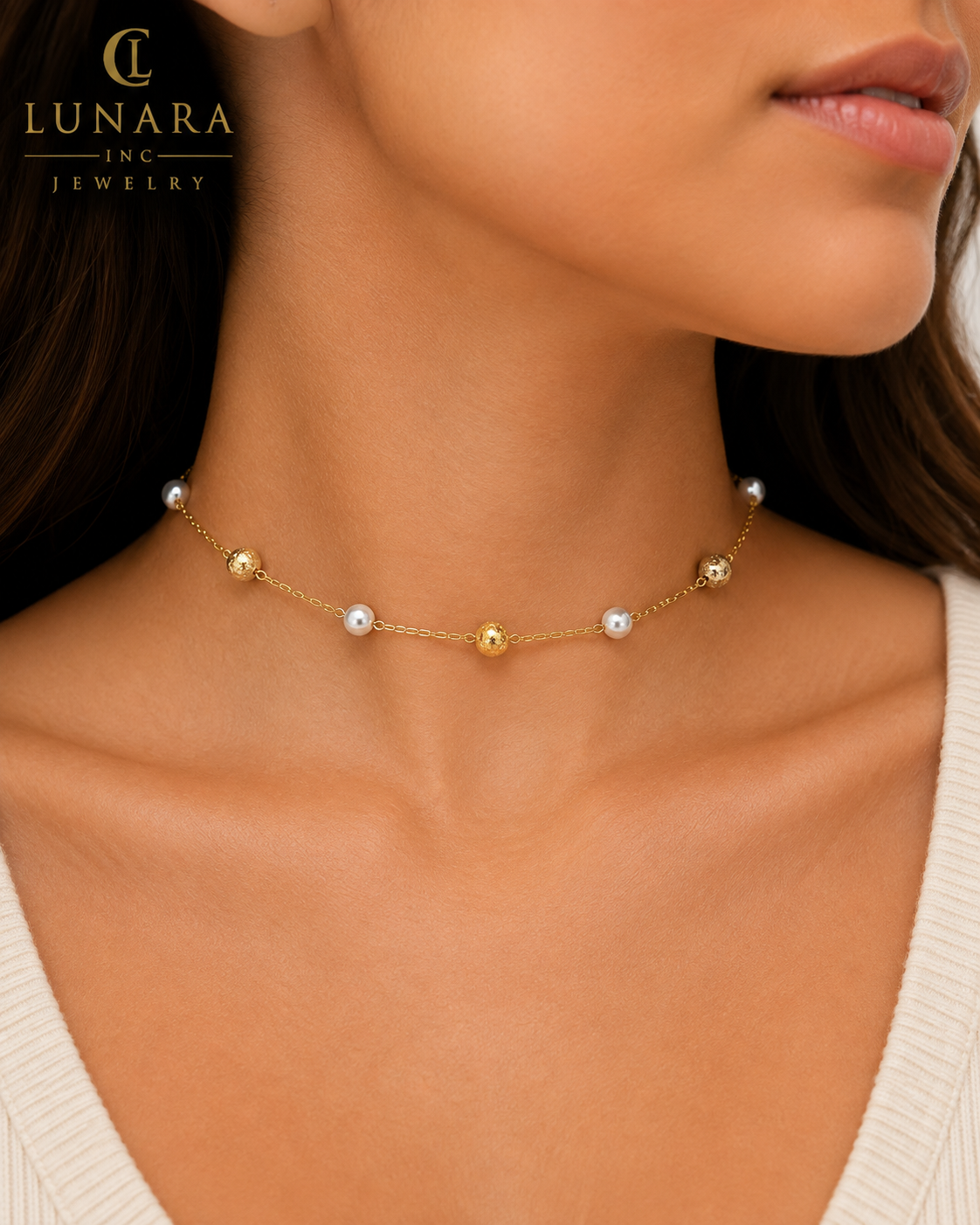 14K Gold Filled Pearl & Textured Gold Bead Choker Necklace – Minimalist Station Necklace