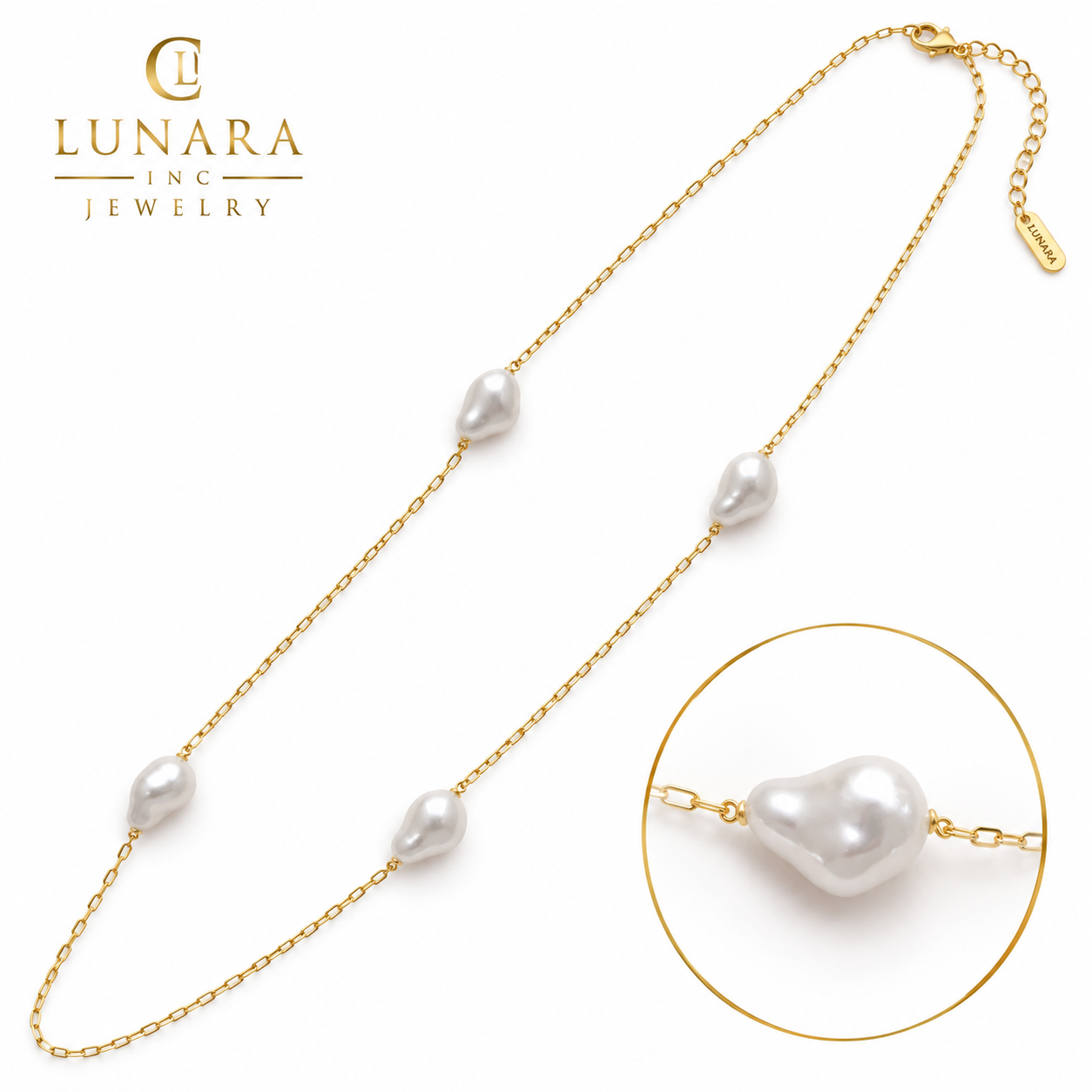 14K Gold Filled Baroque Pearl Station Necklace – Long Minimalist Pearl Necklace