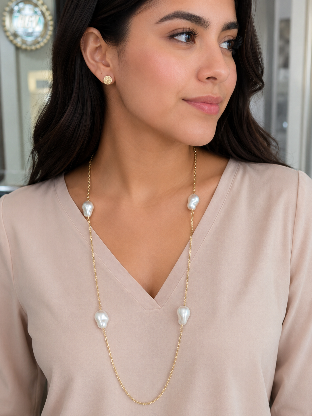 14K Gold Filled Baroque Pearl Station Necklace – Long Minimalist Pearl Necklace