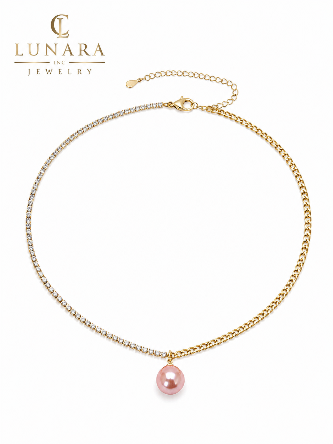 14K Gold Filled Pink Pearl & CZ Half Tennis Necklace – Elegant Two-Tone Necklace