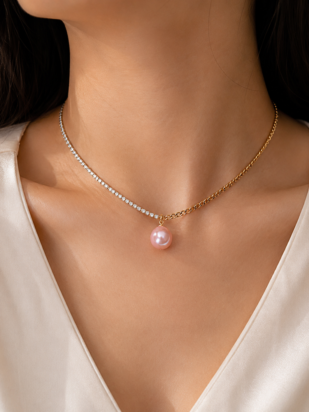 14K Gold Filled Pink Pearl & CZ Half Tennis Necklace – Elegant Two-Tone Necklace