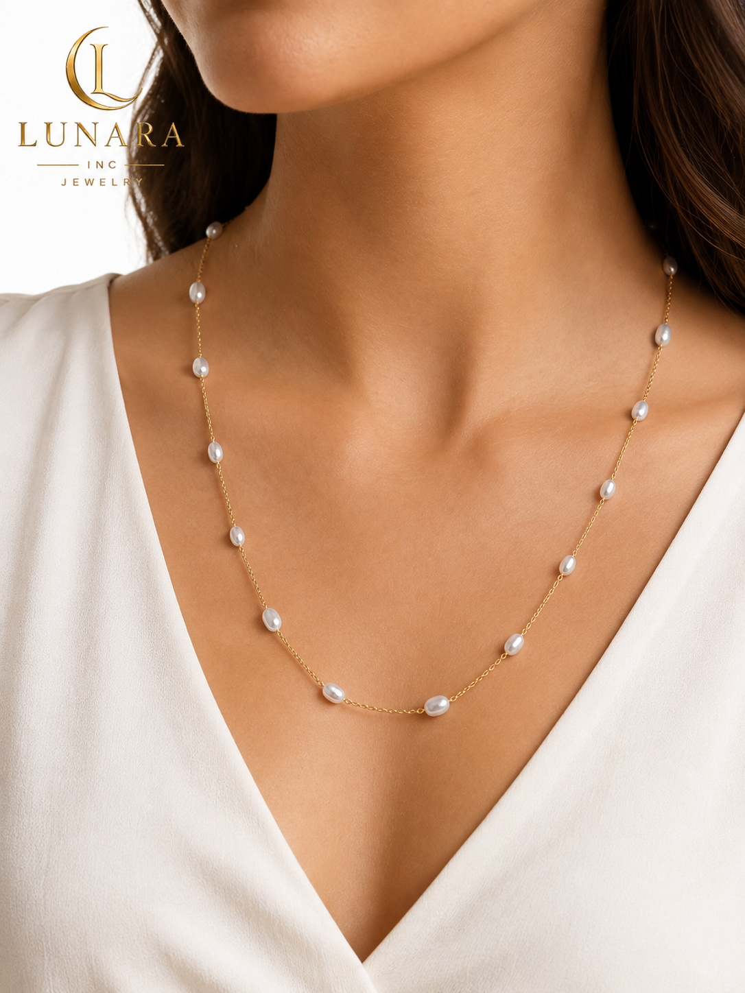 Lunara Freshwater Pearl Station Necklace – Gold Dainty Chain | Elegant Minimalist Necklace for Women