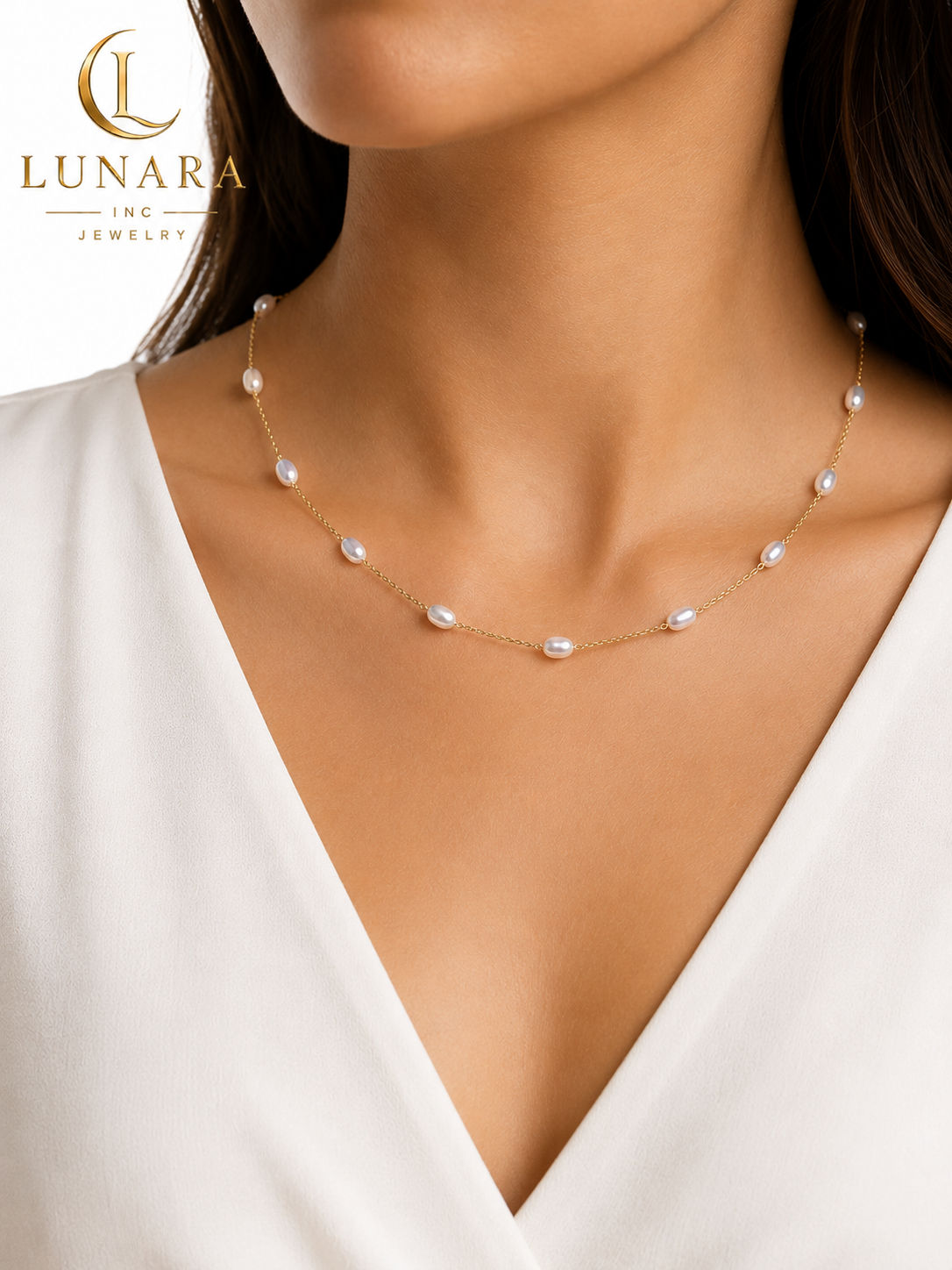 Lunara Freshwater Pearl Station Necklace – Gold Dainty Chain | Elegant Minimalist Necklace for Women